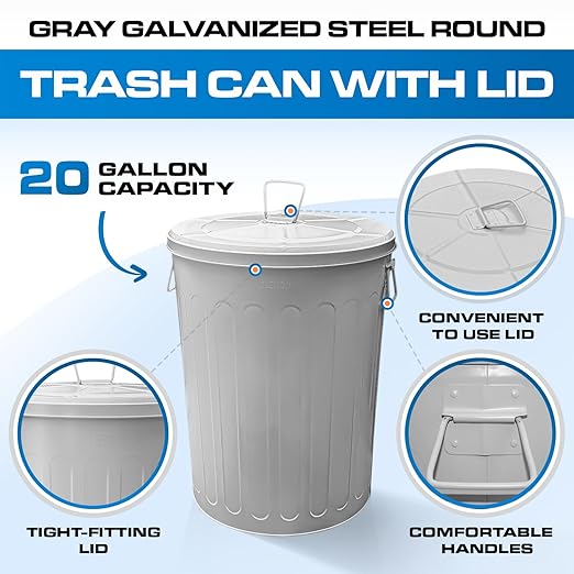 Plexon Large Metal Trash Can with Lid 20 Gallon, Decorative Outdoor Trash Can Heavy Duty Galvanized Metal Bucket with Lid for Garage Workshop Ash Storage Farmhouse, Gray 6 Pack