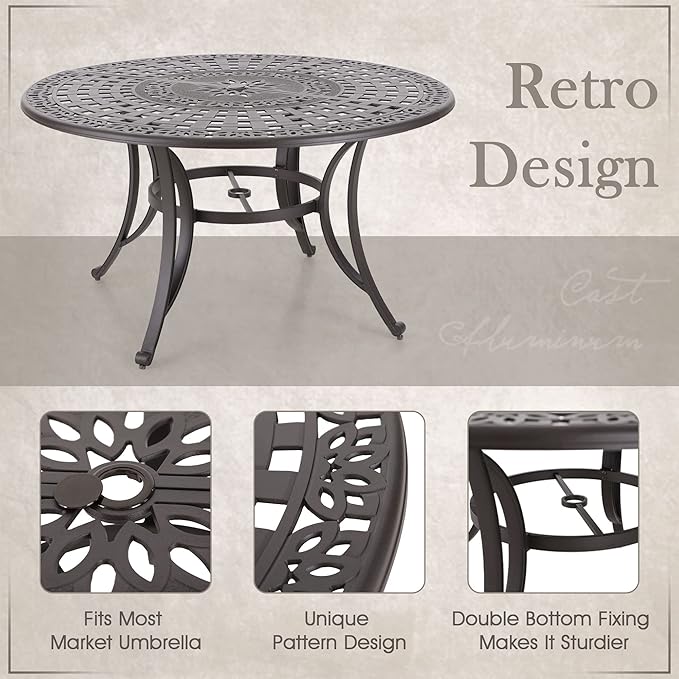 MFSTUDIO 7 PCS Cast Aluminum Patio Dining Set, Retro Design Outdoor Patio Table and Chairs with 6 Wide Dining Chair and 1 54" Round Aluminum Outdoor Dining Table
