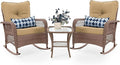 UDPATIO 3 Piece Patio Furniture Set, Wicker Rocking Bistro Set with 2 Rockers, 1 Side Table and 4‘’ Thick Cushions for Backyard, Porch, Balcony, Poolside, Brown/Khaki