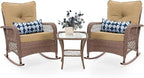 UDPATIO 3 Piece Patio Furniture Set, Wicker Rocking Bistro Set with 2 Rockers, 1 Side Table and 4‘’ Thick Cushions for Backyard, Porch, Balcony, Poolside, Brown/Khaki