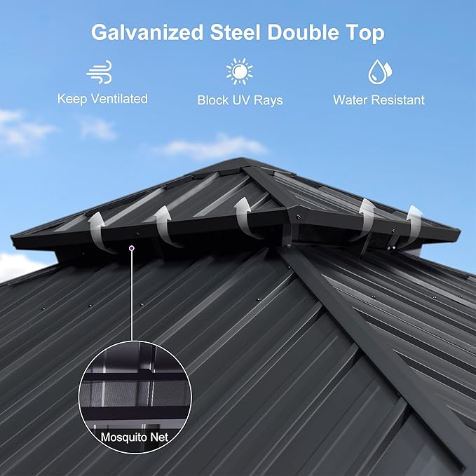 PURPLE LEAF 8'x8' Hardtop Gazebo with Lights All-Weather Galvanized Steel Double Roof Outdoor Patio Garden Gazebo Including Netting and Curtains Grey