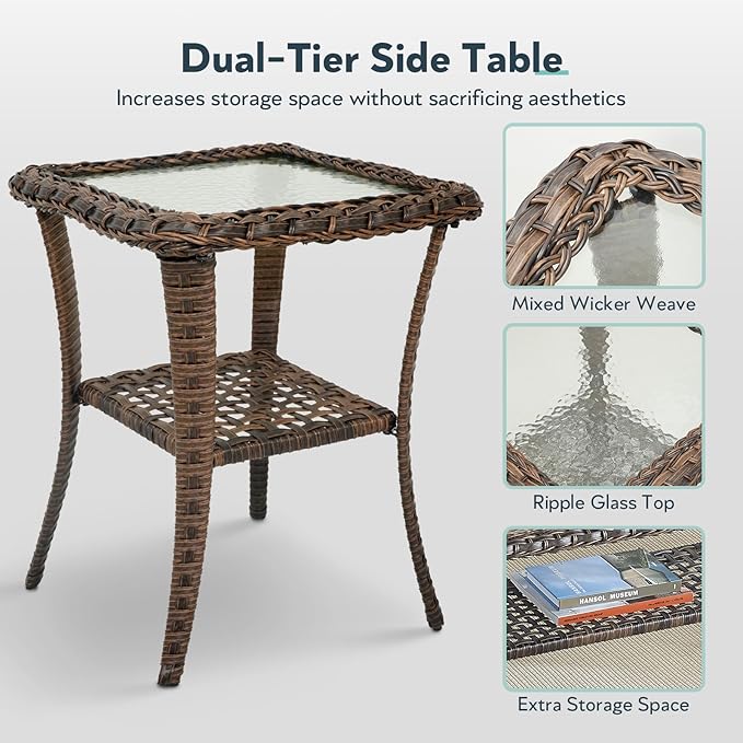 6 Pieces Wicker Patio Furniture Set - Hollow Widen Armrests 3 Seat Outdoor Sofa & Comfy Chairs with Side Table & Ottomans, Small Patio Convention Set for Deck and Backyard - Brown/Beige