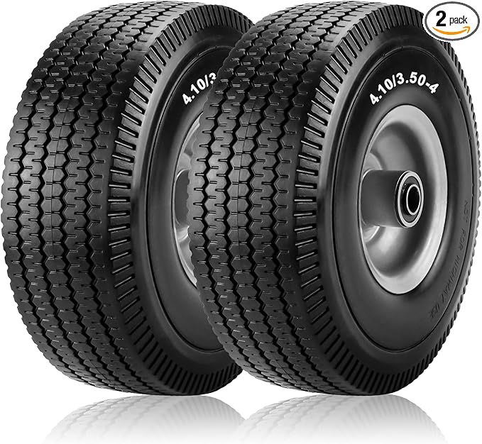 Cenipar 10" 4.10/3.50-4" Flat Free Tire and Wheel 10" Polyurethane Solid Tire with 5/8" Bearings 2.2" Offset Hub -10” Solid Tires for Wagon Wheelbarrow Garden Cart Hand Truck Generator