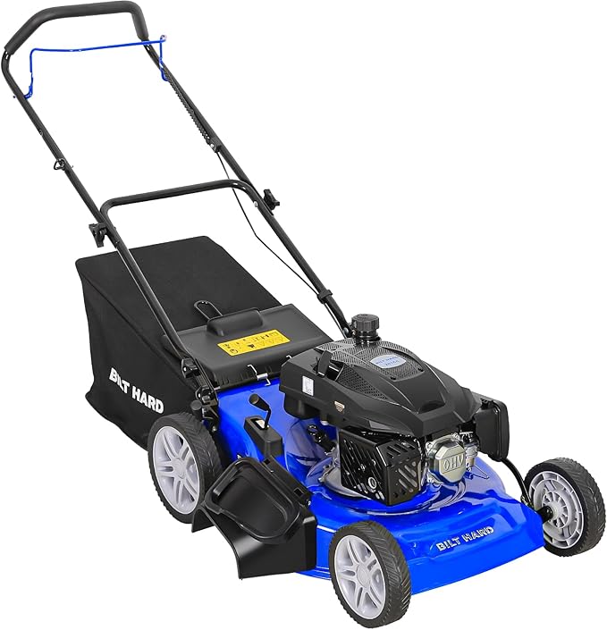 BILT HARD 21 Inch Lawn Mower Gas Powered, 4-Cycle 201cc Engine, 3-in-1 Push Lawnmower with Bagging, Mulching & Side Discharge, Adjustable 8-Positions Cutting Height, Easy Start