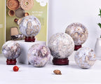 JIC Gem Large Blue Cherry Blossom Agate Crystal Ball with Stand Crystal Sphere Natural Sakura Flower Agate Stone Reiki Healing Meditation Witchcraft Home Decor 3.1-3.5 inch(80-90mm)