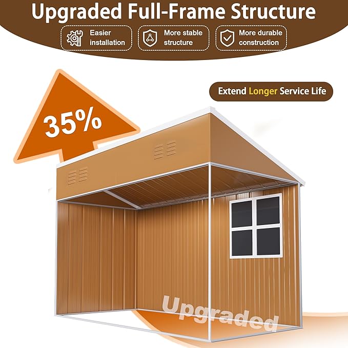 8x4 FT Outdoor Steel Storage Shed with Clear Windows, Outswing Lockable Door & Ventilation, Brown and White Weather-Resistant Metal Tool Shed for Garden, Backyard, Lawn, and Utility Storage
