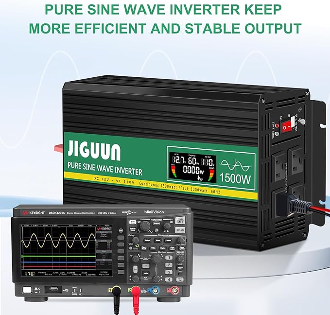 JIGUUN Pure sine Wave Inverter 1500W, 12V to 110V Power Inverter Converter with 4 AC sockets, USB Output and LED Display for RV Camping Emergency Household appliances (PRO1500WLCD)