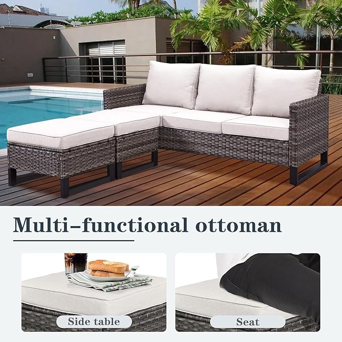 Wicker Patio Furniture Set, 6 PCS Outdoor Patio Furniture Set with Swivel Chairs, Includes 2 Swivel Patio Chairs, 1 Outdoor Couch, 1Side Table and 2 Ottoman, Grey/Beige