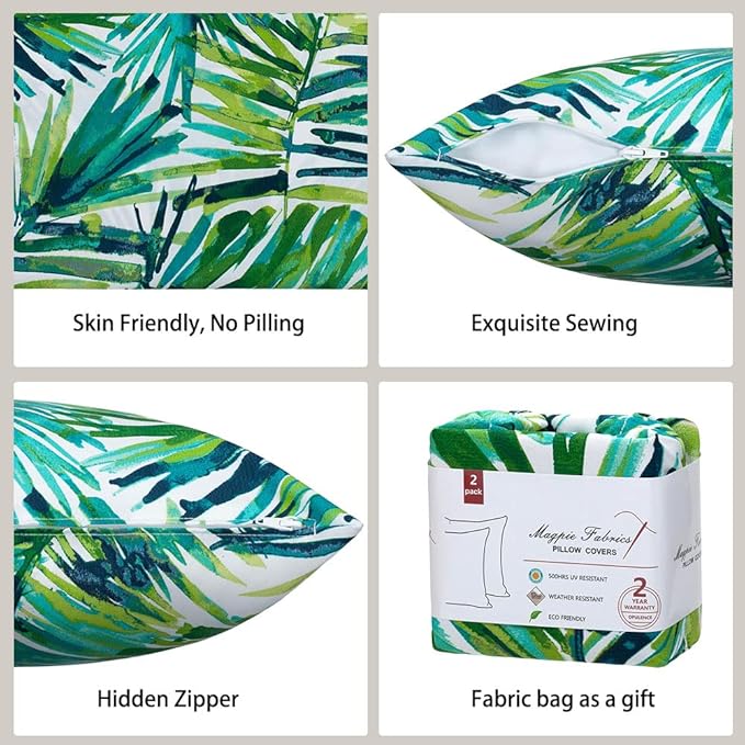 Magpie Fabrics Patio Pillow Covers ONLY 18"x18", Set of 2, Fade-Resistant Outdoor Indoor Decorative Throw Pillowcase Shell for Couch Garden Furniture - Green Palm Leaves