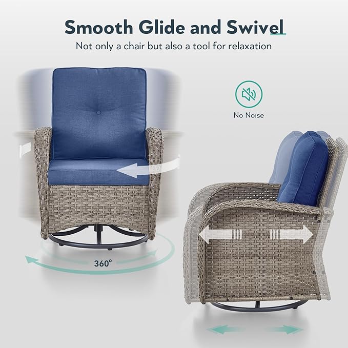 5 Piece Patio Furniture Set - Wicker Patio Conversation Set with Swivel Glider, Glider Loveseat, Tempered Glass Side Table and Coffee Table for Deck Backyard - Grey Wicker Blue Cushion