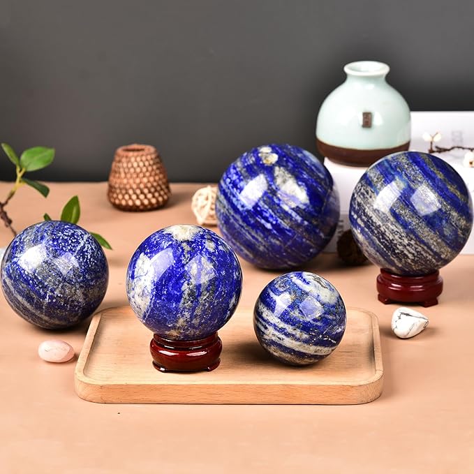 JIC Gem Large Blues Crystal Sphere with Stand Lapis Lazuli Quartz Crystal Ball Sphere Gemstone Decorative Ball for Home Decor Altar Reiki Crystal Gift 80-90mm