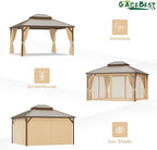 12x14 ft Hardtop Gazebo Outdoor Aluminum Patio Gazebo Double Roof Galvanized Steel Canopy with Netting and Curtains for Garden, Backyard,Deck and Lawns