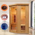 Smartmak Far Infrared Wood Sauna, 1 or 2 Person Full Spectrum Red Light Therapy Luxury Recliner Home Corner Sauna, Indoor Canadian Hemlock Dry Spa, 2300W with 8 Heaters, Speakers, Lights, Oxygen Bar
