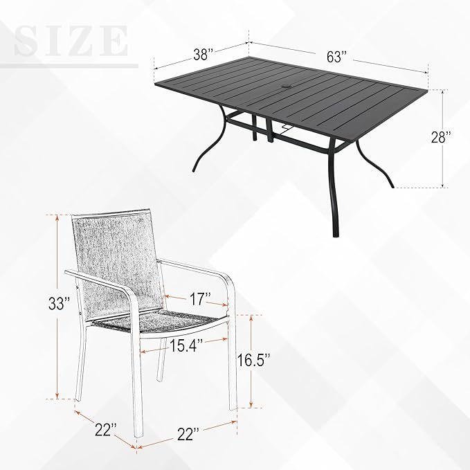 7-Piece Outdoor Patio Dining Set, 6 Stackable Patio Chairs & Rectangular Dining Table with All Weather Frame Furniture Set - Beige Gray