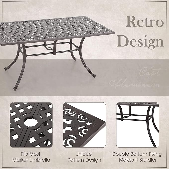 MFSTUDIO 7 Pieces Cast Aluminum Patio Dining Set with 2×Swivel & Rock Chair, 4×Extra Wide Dining Chair and 1×63" Rectangular Dining Table, Outdoor Dining Set for 6, Brown