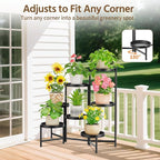 LASZOLA 7 Tiered Folding Plant Stand Indoor for Multiple Large Planter, Tall Heavy Duty Adjustable Rack with Rust Proof 10 Inch Wide Tray, Sturdy Vertical Tree Organizer for Narrow Inside Floor, Black