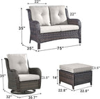Outdoor Wicker Patio Furniture Set - 5 Piece Rattan Patio Conversation Set with 2 Rocking Swivel Chairs,2 Ottomans and 1 Loveseat for Porch Deck Backyard Garden(Brown/Beige)