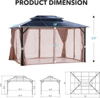 LeDoasis 10' X 13' Permanent Hardtop Gazebo, Outdoor Polycarbonate Double Roof Canopy with Breathable Netting & Privacy Curtain for Patio Backyard Garden Lawn Party