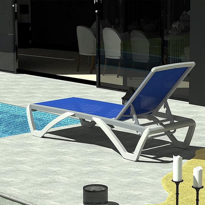 Domi Outdoor Lounge Chair, Aluminum Patio Chaise Lounge with 5 Position Adjustable Backrest and Wheels, All Weather Reclining Chair for Patio, Yard, Balcony, Poolside (Blue)