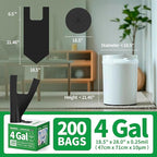 Small Trash Bags with Handles 4 Gallon 200 Count Black - Ocean Plastic Upcycling - Plastic Garbage Bags, Can Bin & Waste Basket Liner for Kitchen, Bathroom, Office and Pets