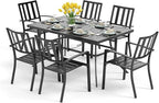 PHI VILLA 7 Piece Outdoor Dining Set for 6, 60” Rectangular Metal Steel Table with Umbrella Hole & Stacking Wrought Iron Chairs, Large Furniture Set for Patio, Deck, Yard - Black
