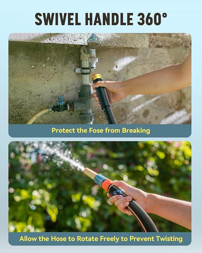 Heavy Duty Garden Hose, 25ft x 5/8" Water Hose, Flexible Hybrid Hose with 10-Pattern Spray Nozzle, Swivel Handle, Male to Female Fittings, Burst 600 PSI