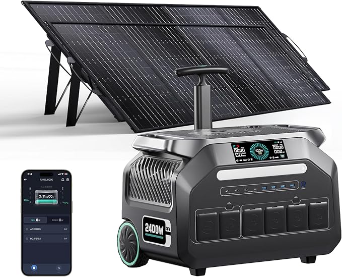 IEE P2400 Solar Powered Generator with 2x200W Solar Panel,2400W AC Outlet(Peak 5000W) 2048WH Lifepo4 Battery,5-8MS EPS Switch,1800W 1.2H Fast Charge Below 30DB Solar Power Station for Home Backup,RV.