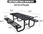 6FT Outdoor Picnic Tables,Heavy-Duty Metal Rectangular Picnic Table,Expanded Metal Commercial-Grade Table with 2 Benches & Umbrella Hole,Waterproof Coating Beach Table for Patio,Garden, Backyard
