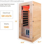 Far Infrared Sauna Home 1 Person, Sauna Spa Room Canadian Hemlock Wood 1340W 120V Low EMF with 7-Color Light Therapy, Control Panel, Bluetooth Speakers, Dual Tempered Glass Door