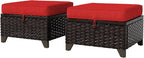 Vista Vibe 2 Pieces Patio Wicker Ottomans, Luxurious Footstools, Outdoor Small Footrest, Wicker Furniture with Removable Cushions,All-Weather PE Rattan, Garden, Backyard, Porch(Brown/Red)