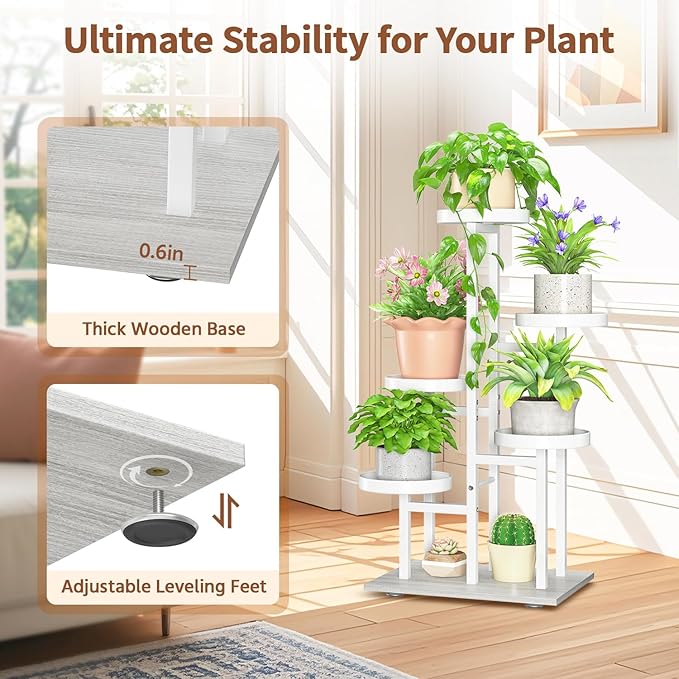 LASZOLA White 5 Tier Plant Stand Indoor Heavy Duty Rack for Modern House Planter, Metal and Wooden Vertical Organizer Decor Narrow Bathroom Floor, Sturdy Multi Level Flower Holder Raised, Cat Proof