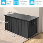 Outdoor Storage Box 100 Gallon, Waterproof Steel Deck Box, Large Patio Furniture Storage Cabinet, Lockable Storage Bench for Porch Package Delivery, Cushions, Pool, Tools- Dark Grey