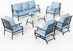 6 Piece Metal Outdoor Patio Furniture Set, Patio Conversation Set 1 3-Seater Sofa, 2 Rocking Chair, 2 Leg Chair with 5.75" Thick Cushion and Coffee Table, Backyard Furniture Set, Blue