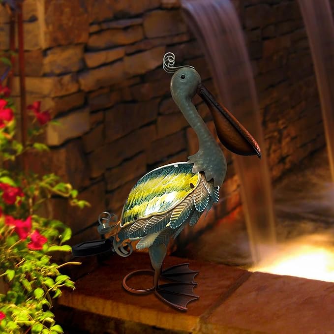 HONGLAND Solar Metal Pelican Statues Garden Sculpture & Statues, Glass Outdoor Pelican Yard Art Coastal Ocean Bird Decor Lawn Ornament for Backyard Porch Patio Decor（19 Inch）