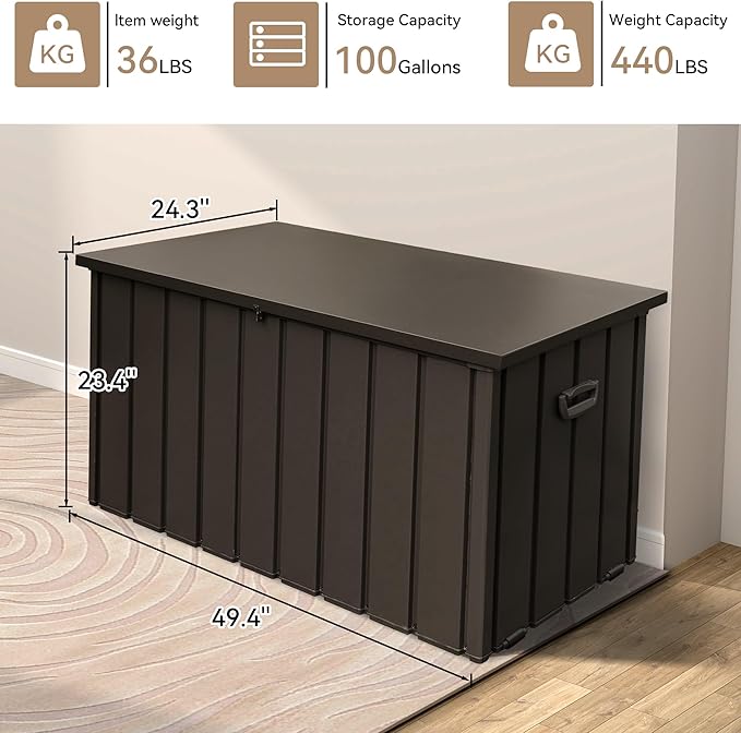 Outdoor Storage Box, 100 Gallon Metal Deck Box Waterproof, Outside Steel Storage Lockable Cabinet, Indoor Storage Bin Container for Patio/Poolside/Backyard Cushions, Pillow -Brown