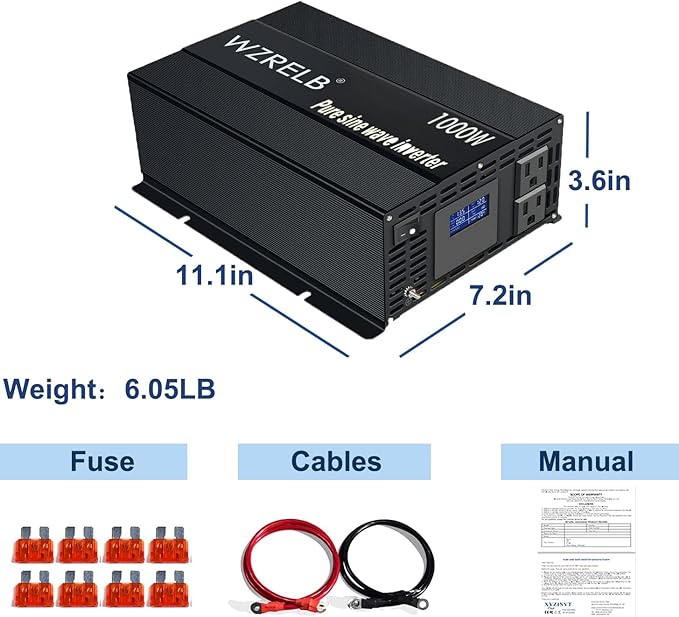 WZRELB Pure Sine Wave Inverter 1000W 24VDC to 120VAC Solar Power Converter Truck RV Home LCD Display