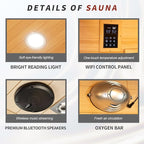 Far Infrared Wooden Sauna 2 Person, Canadian Hemlock Sauna, 120V, 1750 W, 8 Heating Element, 7 Color Light, Oxygen Bar(100-149 ℉) Fast Delivery