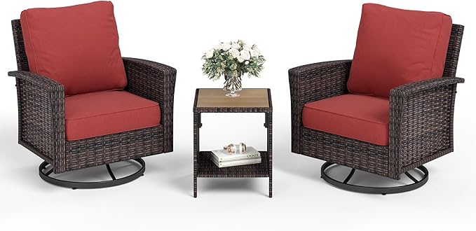 Patio Wicker Swivel Chairs Set of 2, Outdoor High Back Chairs with 5.5" Waterproof Cushions and Side Table, Outdoor Furniture Set for Deck Porch and Yard, Peacock Blue