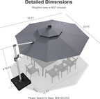 PURPLE LEAF 12ft Solar powered LED Patio Umbrella Outdoor Round Umbrella Large Cantilever Umbrellas with LED lights Windproof Offset Umbrellas Heavy Duty Sun Umbrella for Garden Deck Pool Patio, Grey