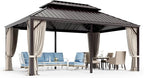 12'x18' Hardtop Aluminum Gazebo, Permanent Outdoor Canopy with Galvanized Steel Double Roof Heavy Duty Pavilion with Curtains and Netting for Garden Patio Lawn Deck