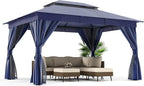 LAUSAINT HOME Outdoor Patio Gazebo 10'x13' with Expansion Bolts, Heavy Duty Gazebos Shelter Party Tent with Double Roofs, Mosquito Nettings and Privacy Screens for Backyard, Garden, Lawn, Navy Blue