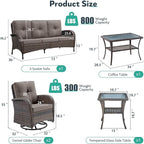 5 Piece Patio Furniture Set - Wicker Patio Conversation Set with Swivel Glider, 3 Seat Sofa, Tempered Glass Side Table and Coffee Table for Deck Backyard - Brown Wicker Grey Cushion