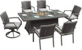 Outdoor Patio Furniture Set With Propane Fire Pit 50,000 Btu 7 Pieces 76" Dining Table Rattan Swivel Chairs Include Cushions Lid And Weather Cover Csa Certified for Garden Backyard Conversations Grey