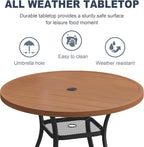 VICLLAX Round Patio Dining Table, 4-6 Person Metal Outdoor Dining Table with Umbrella Hole for Garden Lawn Deck, 47.2" Walnut