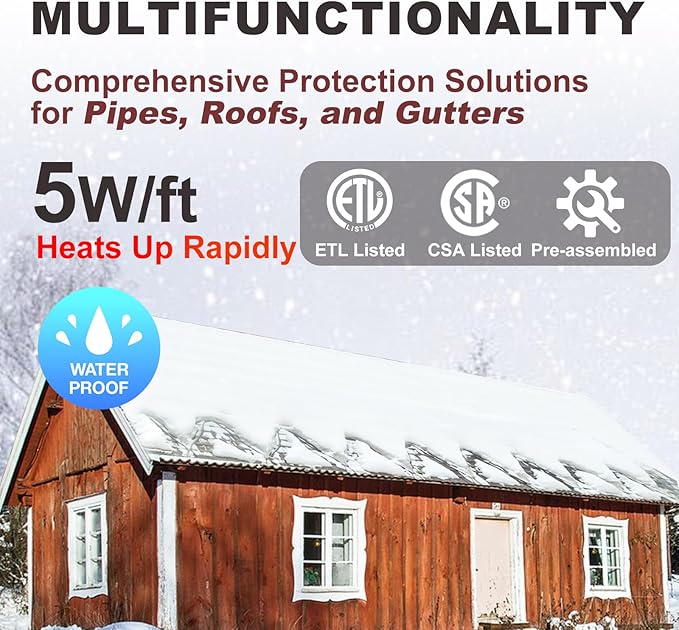 TDRD 30 feet Roof & Gutter Snow De-Icing Kit, 5W/ft Heat Tape for Roof and Gutters Ice Dam Prevention with 6 ft Power Cold