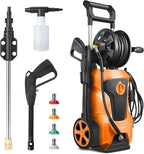 DNA MOTORING TOOLS-00230 Up to 2176 PSI Pressure 2.4 GPM Max Flow Electric Pressure Washer for Yard and Car Cleaning with Spray Nozzle Foam Bottle + 4 Turbo Nozzles IPX5 Driveway Patio Deck(Orange)