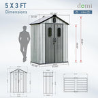 Domi 5x3 FT Outdoor Resin Storage Shed, All-Weather Double-Wall Storage Building for Backyard, Garden, Lawn Tools, Mower, Bike & Pool Equipment, Lockable Doors, Ventilated Roof, Grey