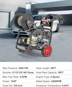4400 PSI Gas Pressure Washer, One-Button Start 296cc 15HP Engine 4GPM, Includes Hose Reel, 50 FT 3/8 inch Hose, 5 Quick Connect Nozzles, Spray Gun and Wand