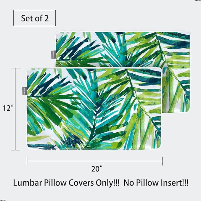 Magpie Fabrics Patio Lumbar Pillow Covers ONLY 20"x12", Set of 2, Outdoor Indoor Cushion Cases Decorative Throw Rectangular Pillowcase Shell for Couch Garden - Green Palm Leaves