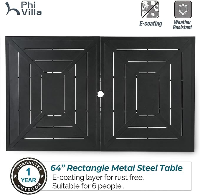 PHI VILLA 7 Piece Patio Dining Table Set for 6, 64" Metal Dining Table with Umbrella Hole & Cushioned Wicker Chairs for Outdoor, Yard, Porch, Deck